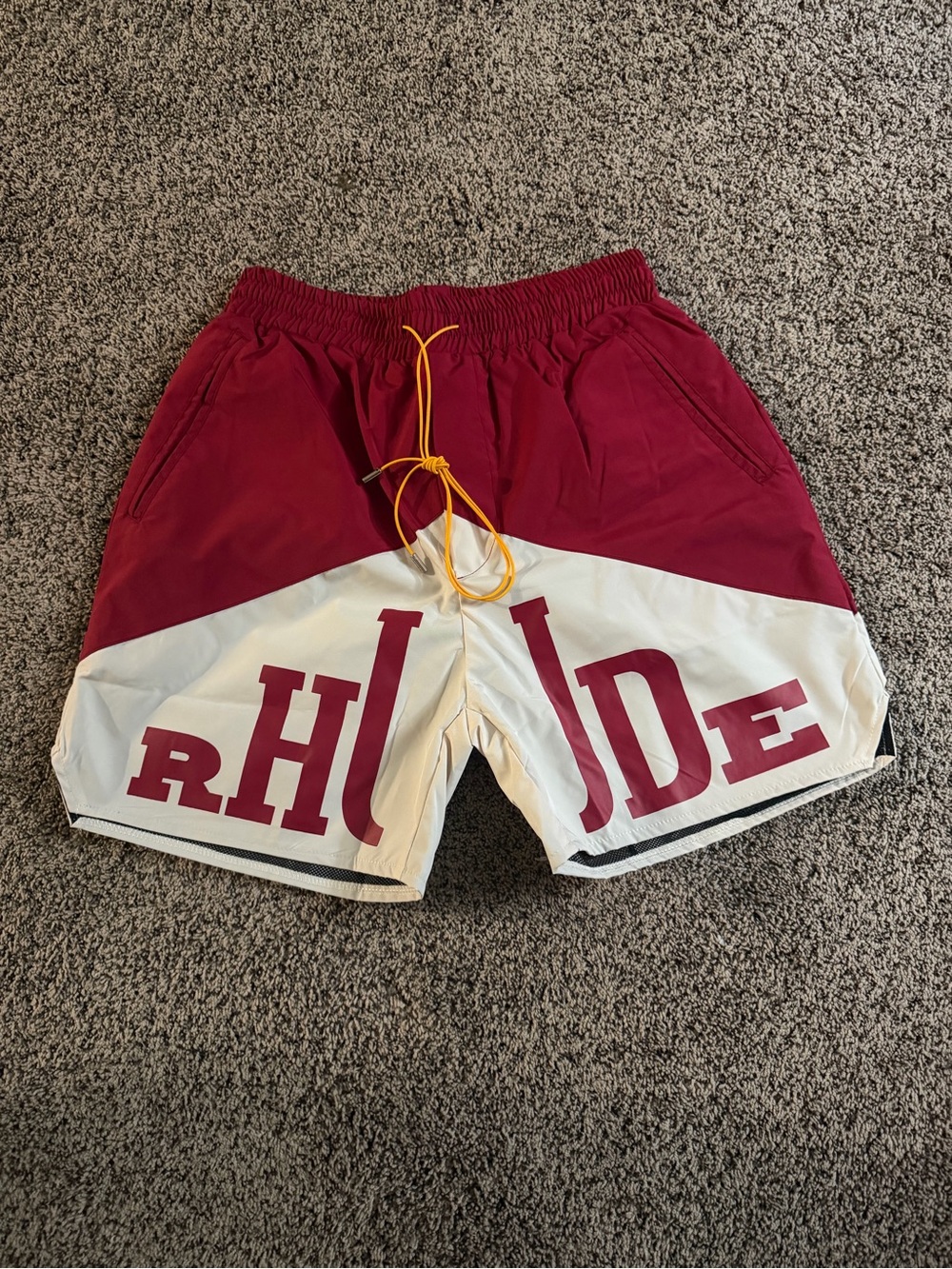 Rhude Maroon and White Colorblock Athletic Shorts with Yellow Drawcord